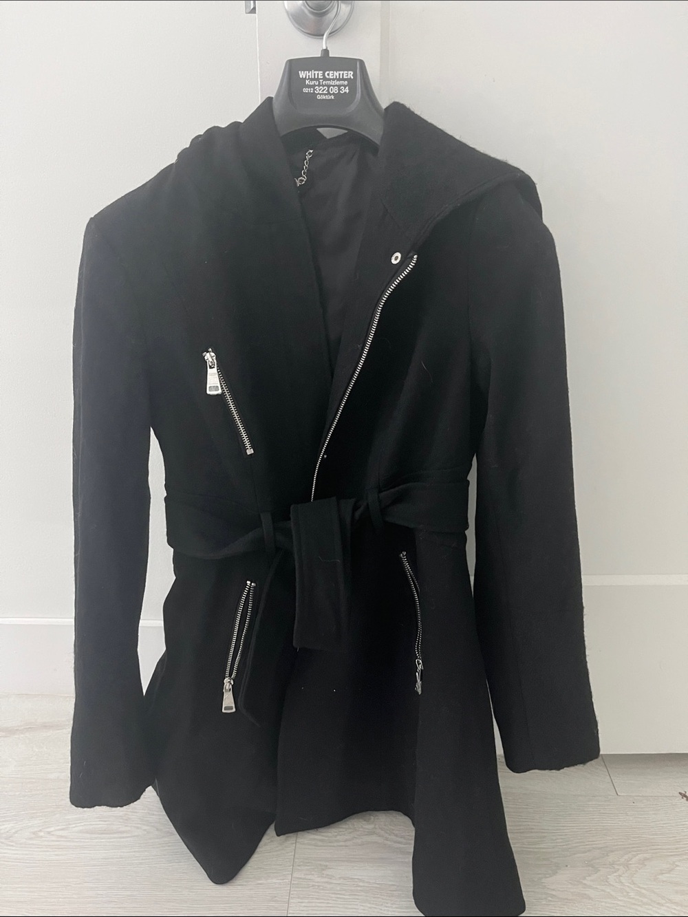 bebe Black Wool-Blend Coat with Silver Chain Detail